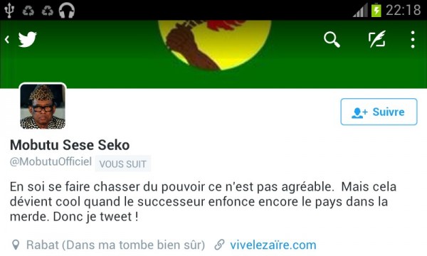 Profil du compte Twitter fictif de Mobutu Sese Seko